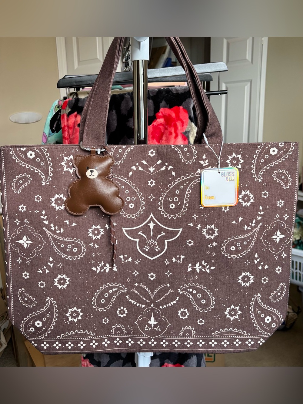 Chocolate Brown Paisley Canvas Tote with Teddy Charm